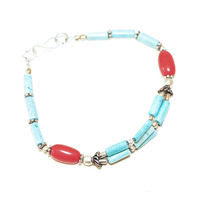 Bracelet argenté, Turquoise et Corail - Népal 029