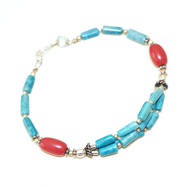 Bracelet argenté, Turquoise et Corail - Népal 030