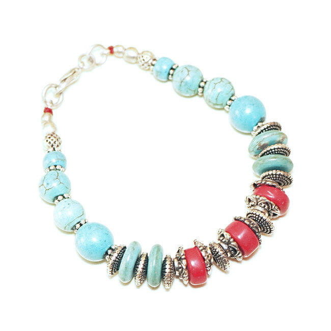 Bracelet argenté, Turquoise et Corail - Népal 031