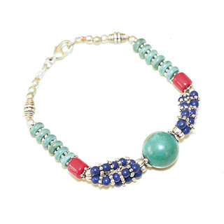 Bijoux Ethniques indiens bracelet multi-rangs turquoise corail lapis-lazuli laiton plaqu argent 925 et pierres perles npalais tibtain - Nepal 032 a