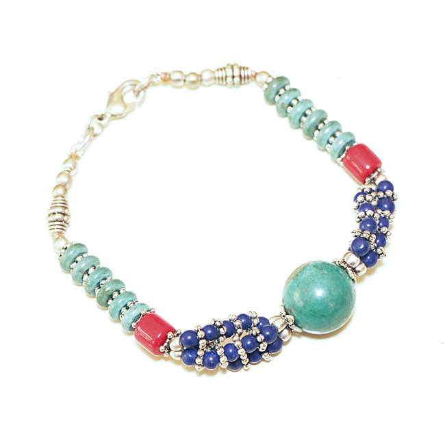 Bracelet argenté et Turquoise, Corail et Lapis-Lazuli - Népal 032