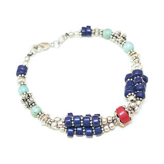 Bijoux Ethniques indiens bracelet multi-rangs turquoise corail lapis-lazuli laiton plaqu argent 925 et pierres perles npalais tibtain - Nepal 033 a