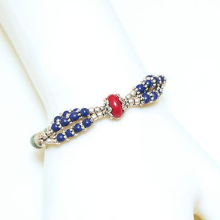 Bijoux Ethniques indiens bracelet multi-rangs turquoise corail lapis-lazuli laiton plaqu argent 925 et pierres perles npalais tibtain - Nepal 034 b