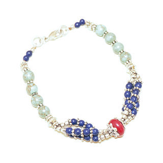 Bijoux Ethniques indiens bracelet multi-rangs turquoise corail lapis-lazuli laiton plaqu argent 925 et pierres perles npalais tibtain - Nepal 034 a