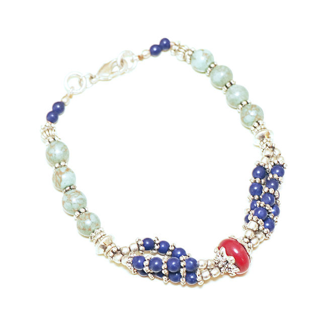 Bracelet argenté et Turquoise, Corail et Lapis-Lazuli - Népal 034
