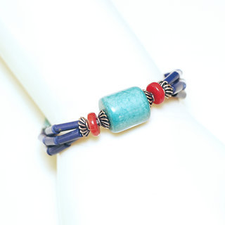 Bijoux Ethniques indiens bracelet multi-rangs turquoise corail lapis-lazuli laiton plaqu argent 925 et pierres perles npalais tibtain - Nepal 035 b