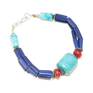 Bijoux Ethniques indiens bracelet multi-rangs turquoise corail lapis-lazuli laiton plaqu argent 925 et pierres perles npalais tibtain - Nepal 035 a