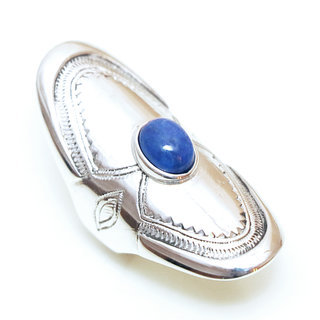 Bijoux ethniques touareg argent bague femme longue navette grave et pierre fine Lapis-Lazuli - Niger 072 a