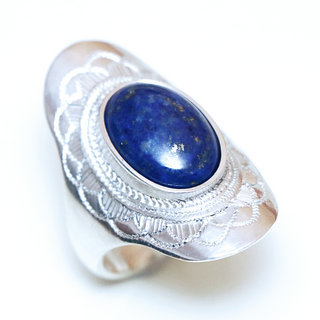 Bijoux ethniques touareg argent bague 925 massif femme pierres semi-prcieuses Lapis-Lazuli bleu fonc longue navette grave personnalise - Niger 073a