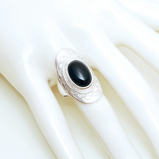 Bijoux ethniques touareg argent bague 925 massif femme pierres semi-prcieuses Onyx noir ovale longue navette grave personnalise - Niger 073b