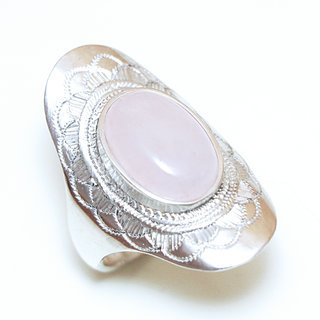 Bijoux ethniques touareg argent bague 925 massif femme pierres semi-prcieuses Quartz rose clair longue navette grave personnalise prnom - Niger 073a