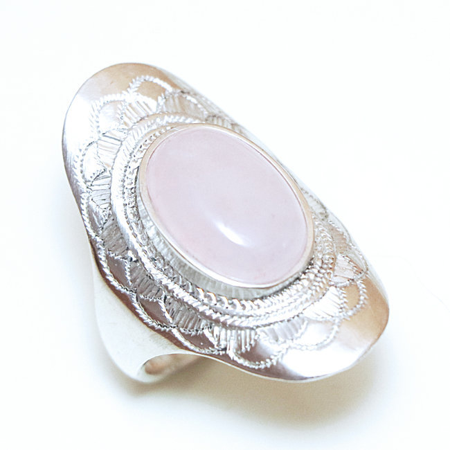 Bague argent massif 925 touareg ovale navette fleur et Quartz rose - Niger 073