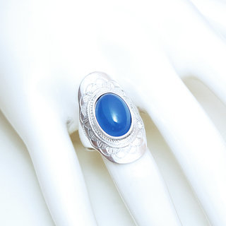 Bijoux ethniques touareg argent 925 massif bague femme pierres semi-prcieuses Agate bleue fonce longue navette grave date personnalisable - Niger 073Mb