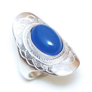 Bijoux ethniques touareg argent 925 massif bague femme pierres semi-prcieuses Agate bleue fonce longue navette grave date personnalisable - Niger 073Ma