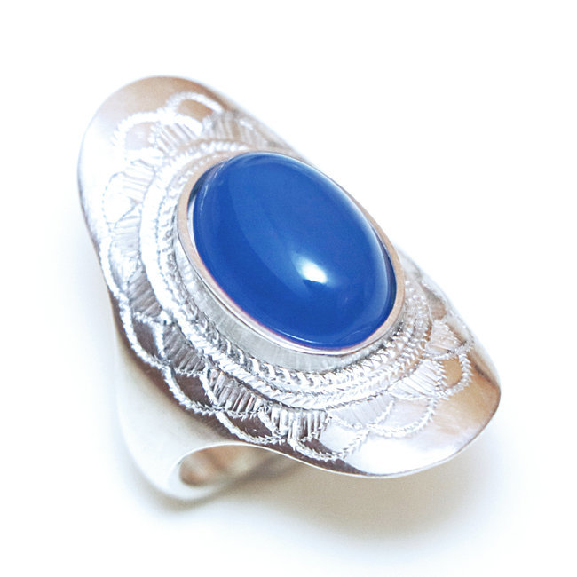 Bague argent massif 925 touareg ovale navette fleur et Agate bleue - Niger 073