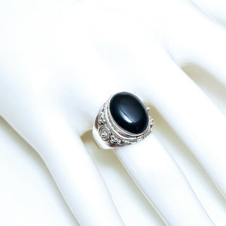 Bijoux ethniques Indiens bague en argent 925 massif femme pierre fine ovale filigranes Onyx noir spirales - Inde 197Sb