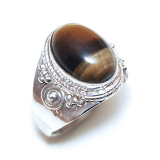 Bijoux ethniques Indiens bague en argent 925 massif femme pierre fine ovale filigranes Oeil de tigre marron spirales - Inde 197Sa