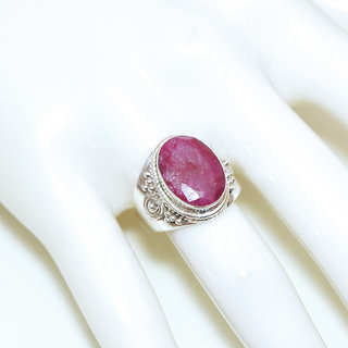 Bijoux ethniques Indiens bague en argent 925 massif femme pierre fine ovale filigranes corindon Rubis rose rouge spirales - Inde 197Sb