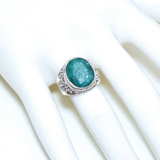 Bijoux ethniques Indiens bague en argent 925 massif femme pierre fine ovale filigranes corindon Emeraude vert spirales - Inde 197Sb