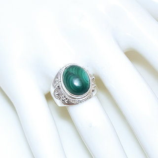 Bijoux ethniques Indiens bague en argent 925 massif femme pierre fine ovale filigranes Malachite vert vein ray spirales - Inde 197Sb