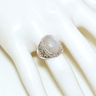 Bijoux ethniques Indiens bague en argent 925 massif femme pierre fine ovale filigranes Pierre de lune blanc nacr spirales - Inde 197Sb