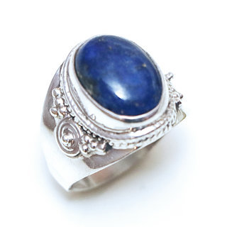 Bijoux ethniques Indiens bague en argent 925 massif femme pierre fine ovale filigranes Lapis Lazuli bleu fonc  spirales - Inde 197Sav