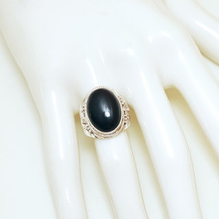 Bijoux ethniques Indiens bague en argent 925 massif femme chevalire pierre fine ovale filigranes Onyx noir spirales - Inde 197M b