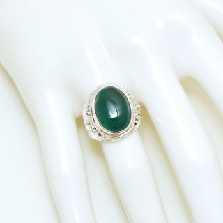 Bijoux ethniques Indiens bague en argent 925 massif chevalire femme pierre fine ovale filigranes Agate verte spirales - Inde 197M b