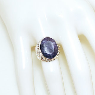 Bijoux ethniques Indiens bague en argent 925 massif chevalire femme pierre fine ovale filigranes facettes corindon Saphir bleu spirales - Inde 198 b