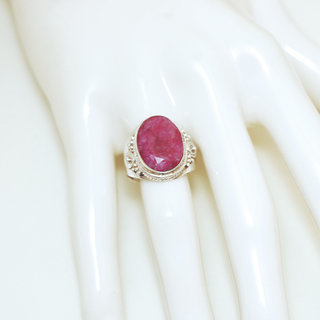 Bijoux ethniques Indiens bague en argent 925 massif chevalire femme pierre fine ovale filigranes facettes corindon Rubis rouge rose spirales - Inde 198 b