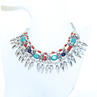 Bijoux Ethniques indiens collier plastron pierres Lapis Lazuli Corail rouge Turquoise vritable gyptien berbre perkes argent argent 925 npalais tibtain - Nepal 012 b