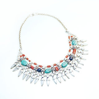 Bijoux Ethniques indiens collier plastron pierres Lapis Lazuli Corail rouge Turquoise vritable gyptien berbre perkes argent argent 925 npalais tibtain - Nepal 012 a