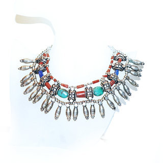 Bijoux Ethniques indiens collier plastron pierres Lapis Lazuli Corail rouge Turquoise vritable gyptien berbre perkes argent argent 925 npalais tibtain - Nepal 014 b