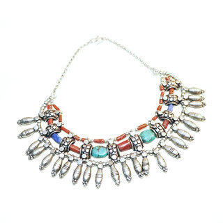 Bijoux Ethniques indiens collier plastron pierres Lapis Lazuli Corail rouge Turquoise vritable gyptien berbre perkes argent argent 925 npalais tibtain - Nepal 014 a