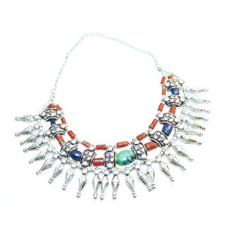 Bijoux Ethniques indiens collier plastron pierres Lapis Lazuli Corail rouge Turquoise vritable gyptien berbre perkes argent argent 925 npalais tibtain - Nepal 015 a