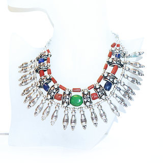 Bijoux Ethniques indiens collier plastron pierres Lapis Lazuli Corail rouge Turquoise vritable gyptien berbre perkes argent argent 925 npalais tibtain - Nepal 016 b