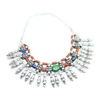 Bijoux Ethniques indiens collier plastron pierres Lapis Lazuli Corail rouge Turquoise vritable gyptien berbre perkes argent argent 925 npalais tibtain - Nepal 016 a