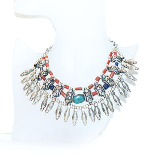 Bijoux Ethniques indiens collier plastron pierres Lapis Lazuli Corail rouge Turquoise vritable gyptien berbre perkes argent argent 925 npalais tibtain - Nepal 017 b