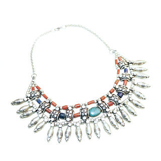 Bijoux Ethniques indiens collier plastron pierres Lapis Lazuli Corail rouge Turquoise vritable gyptien berbre perkes argent argent 925 npalais tibtain - Nepal 017 a