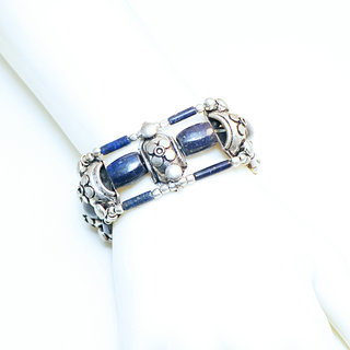 Bijoux Ethniques indiens bracelet manchette lapis-lazuli plaqu argent 925 multi-rangs pierres fines bleu fonc perles npalais tibtain - Nepal 036 b