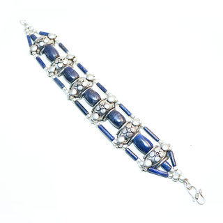 Bijoux Ethniques indiens bracelet manchette lapis-lazuli plaqu argent 925 multi-rangs pierres fines bleu fonc perles npalais tibtain - Nepal 036 c