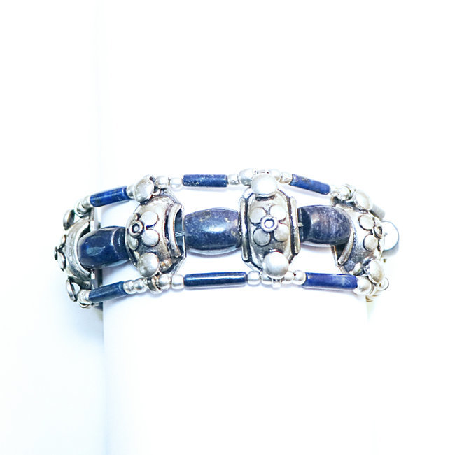 Bracelet manchette argenté et pierres fines Lapis-Lazuli - Népal 036