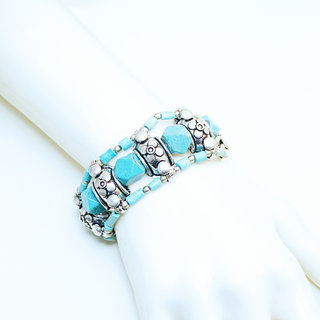 Bijoux Ethniques indiens bracelet manchette turquoise vritable argent 925 plaqu multi-rangs pierres fines vraie perles npalais tibtain - Nepal 036 b
