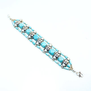 Bijoux Ethniques indiens bracelet manchette turquoise vritable argent 925 plaqu multi-rangs pierres fines vraie perles npalais tibtain - Nepal 036 c