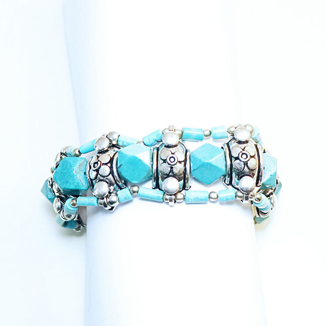 Bracelet manchette argenté et Turquoise véritable - Népal 036