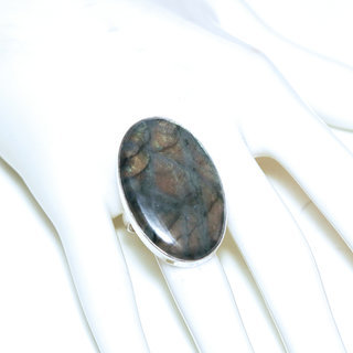 Bijoux ethniques indiens bague en argent 925 massif femme grande pierre fine Labradorite gris vert kaki lisse ovale rglable ajustable ouverte - Inde 222b