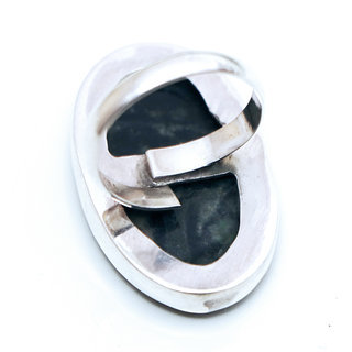 Bijoux ethniques indiens bague en argent 925 massif femme grande pierre fine Labradorite gris vert kaki lisse ovale rglable ajustable ouverte - Inde 222c