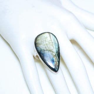 Bijoux ethniques indiens bague en argent 925 massif femme grande pierre fine Labradorite gris vert kaki lisse goutte rglable ajustable ouverte - Inde 223b