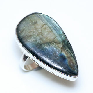 Bijoux ethniques indiens bague en argent 925 massif femme grande pierre fine Labradorite gris vert kaki lisse goutte rglable ajustable ouverte - Inde 223a