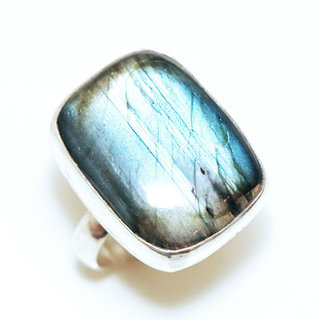 Bijoux ethniques indiens bague en argent 925 massif femme petite pierre fine Labradorite lisse rectangle rglable ajustable ouverte npalaise - Inde 227a